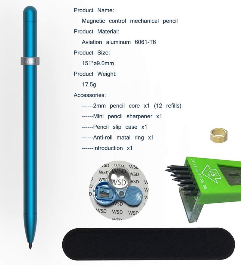 WSD Mechanical Pencil,Drawing Pencils,Sketch Pencils,Magnetic Control Pencil,Pencil Refills Diameter2.0mm, 2B Blue - Image 5